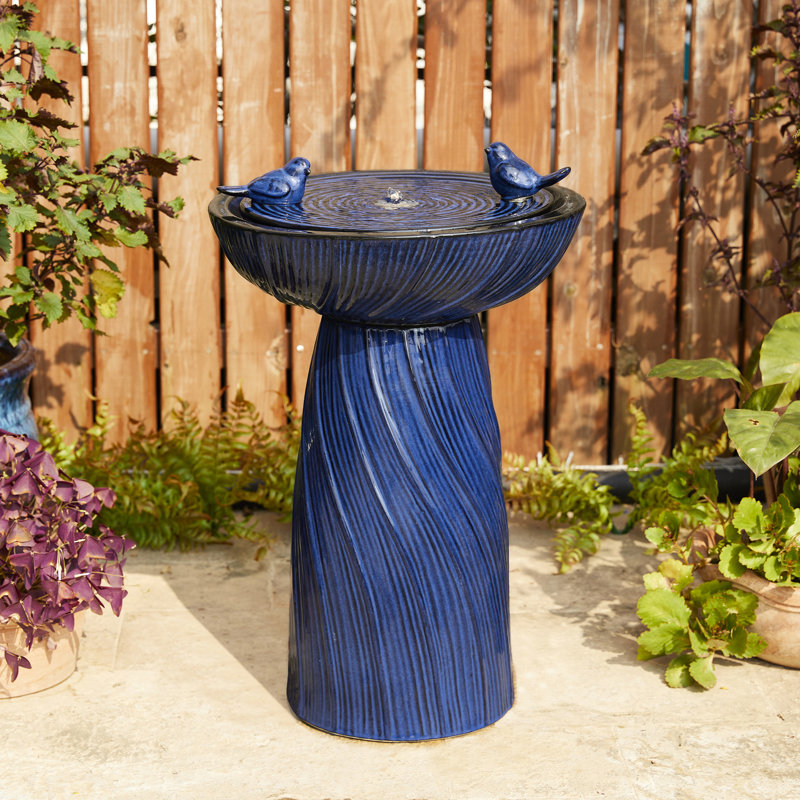 24.75"H Cobalt Blue Twist Textured Birdbath Ceramic Outdoor Floor Fountain With Two Birds, Pump And LED Light (KD)