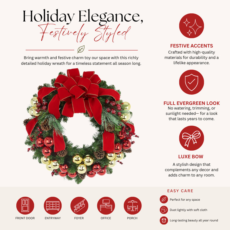 Holiday Red And Gold Evergreen Wreath