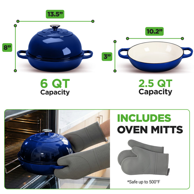 Nutrichef 10.2" Enameled Cast Iron Bread Oven, Dome-Shaped Sourdough Baking Pan With Handles & Silicone Gloves, Oven-Safe To 500°F, Dishwasher Safe Dutch Oven Bread Pan (Blue)