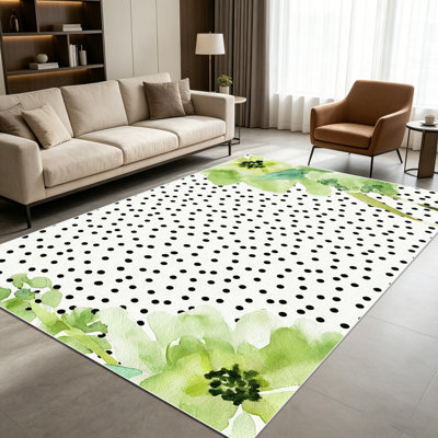 1PC Black Polka Dot Watercolor Green Floral area rugs for Living Room, Soft, All seasons, Easy-maintain, Washable Indoor mat, Farmhouse suitable for Dining Table, Kitchen, Bedroom, Entryway, Patio, Laundry Room Home Decor, Outdoor Decor.