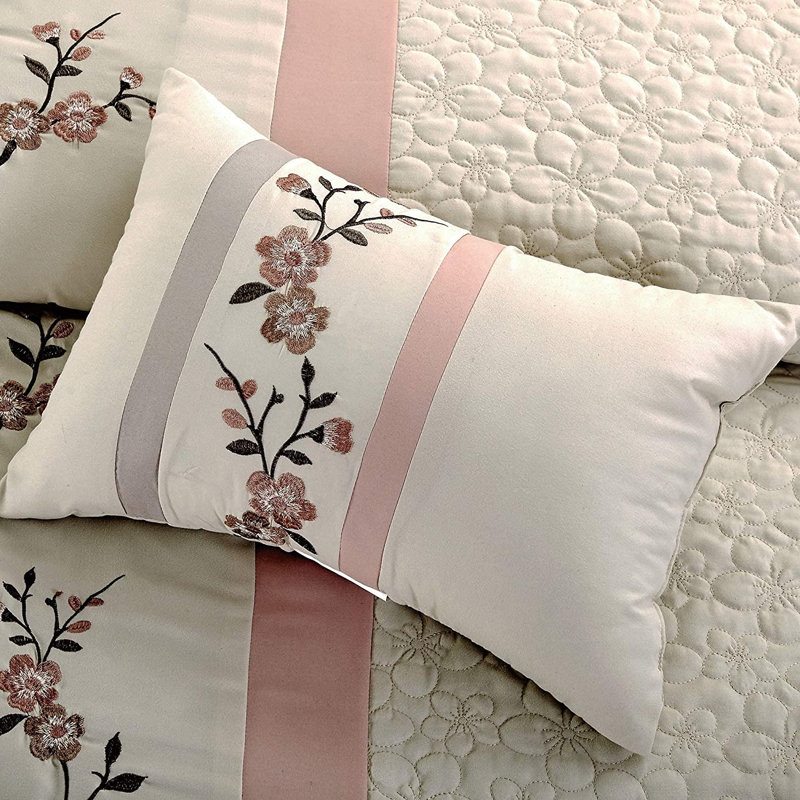 Polyester Standard Floral Comforter Set, Queen Comforter+2 Shams+3 Throw Pillows, Blush