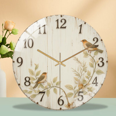 Rustic Clock Featuring Birds Perched on Branches Art - 12'' Modern Glass Wall Clock
