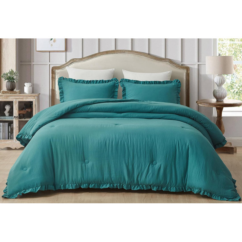Nora Washed Microfiber Ruffled Comforter Set, King Comforter + 2 King Shams, Teal