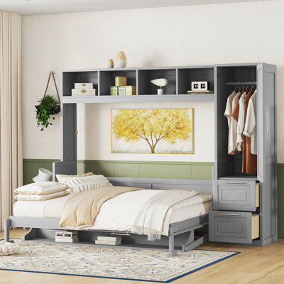 Queen Size Murphy Bed Wall Bed With Closet And Drawers,Gray