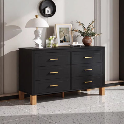 6-Drawer Double Dresser, Modern Black Storage Cabinet with Metal Handles & Solid Wood Legs, Heavy-Duty Wooden Dresser for Kids Bedroom, Living Room, Nursery