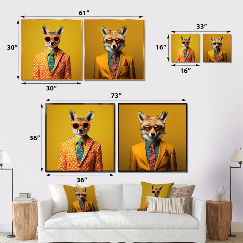 Ensemble de 2 reproductions d'art sur toile jaune et orange, Cadre flottant doré, H 30 po x l 61 po x P 1 po
