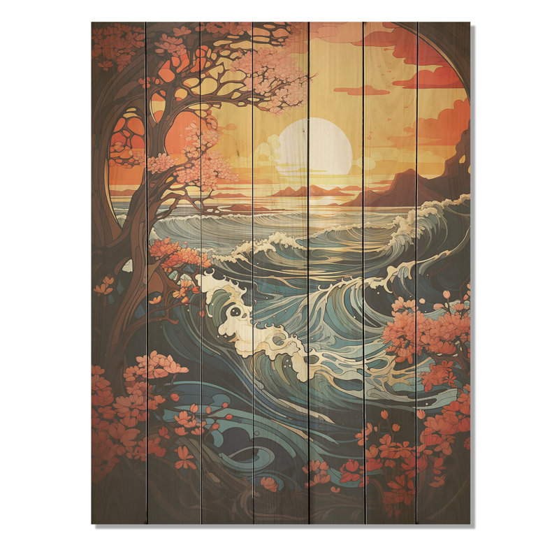 Vagues japonaises oranges au coucher du soleil II - coucher de soleil côtier sur bois, H 32 po x l 24 po