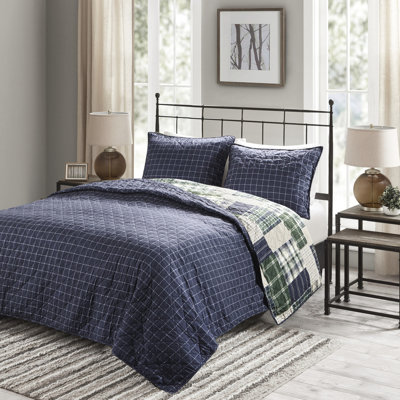 Courtepointe double / grand / bleu marine, réversible avec patchwork et tissu écossais, rembourrage à 10% d'autres fibres, taies décoratives à fermeture à glissière en coton, fermeture à glissière pour plus de confort