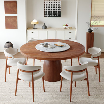 Amberly 7 Pieces Round Dining Table Set -Solid Wood Dining Table with Sintered Stone Rotating Lazy Susan
