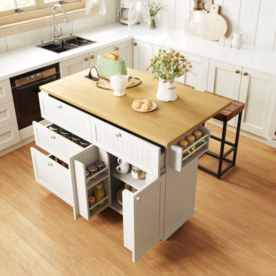 Drop Leaf Kitchen Island with Power Outlet & 2 Stools, Storage Rolling Kitchen Cart with Spice & Towel Racks