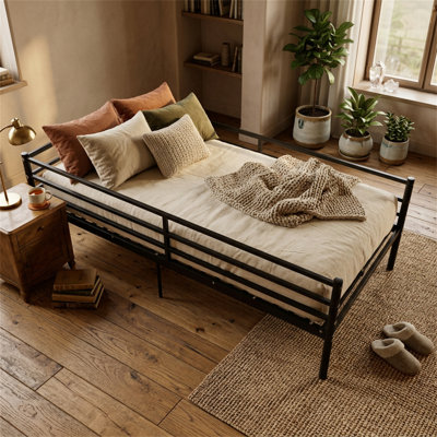 Twin-Size Bed Frame, Daybed With Side Rails, Classic Metal Platform Bed, No Mattress Required, Modern Minimalist Style, Black