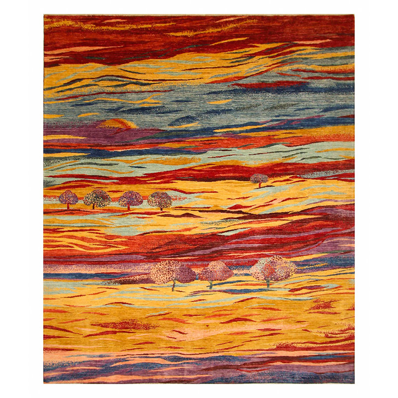 Tapis rouge / orange / bleu noué à la main de haute qualité