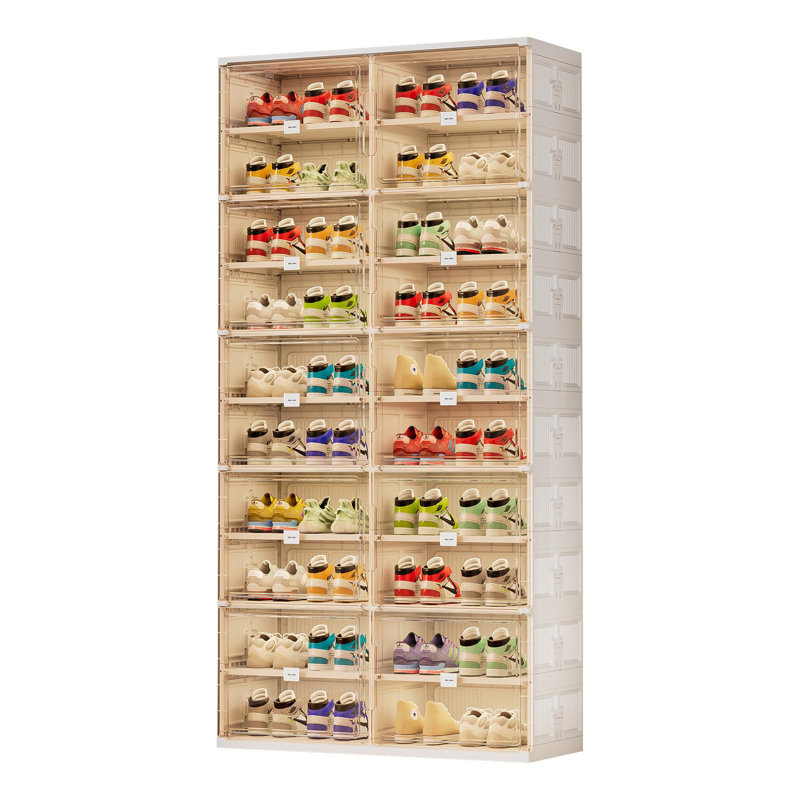 Jeko&Jeko Modern Double Column 10-Tier Foldable Shoe Cabinet With Magnetic Doors, White Storage Organizer For Entryway Or Closet