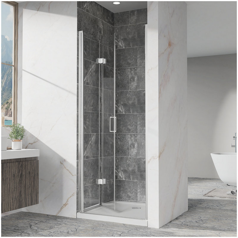 Pivot Shower Doors, 32" W x 72" H Frameless Bi-fold Swing Shower Door,1/4" (6mm) Clear Tempered Glass, Chrome Finish Hardware, Reversible Installation