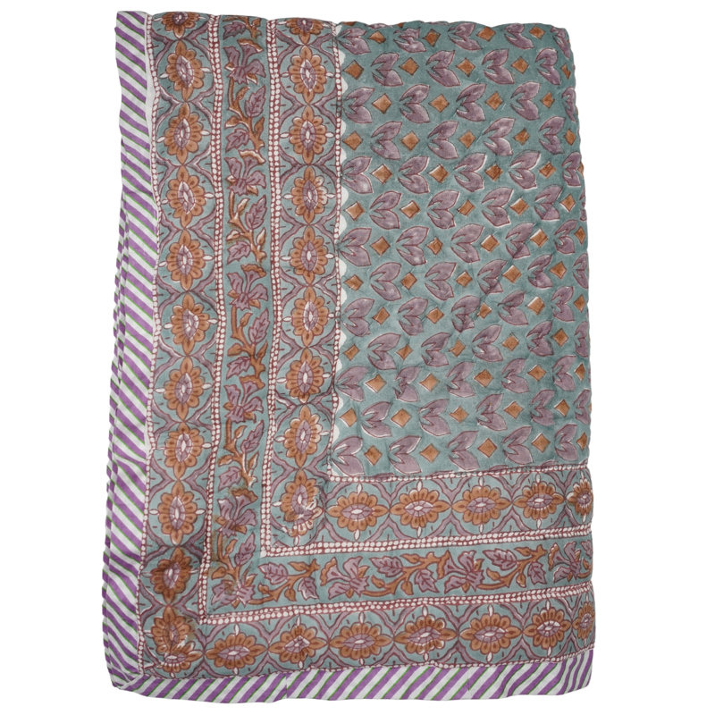 Fabdivine Luxury Block Print Cotton Quilt Floral Boho Bedding for Bedroom & Sofa, King Us, Purple/Green