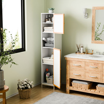 Rangement autoportant pour salle de bain avec portes naturelles, tablettes réglables, finition laquée, style minimaliste