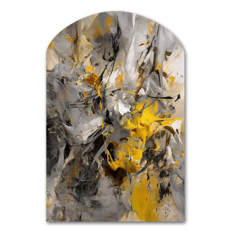 Moutarde jaune et gris vif III - art abstrait en forme d'arche abstraite, H 34 po x l 25 po
