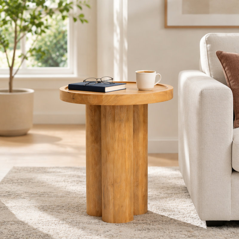 Round Solid Wood End Table,Natural