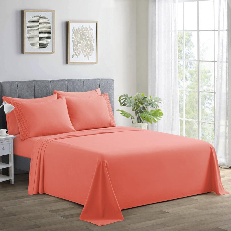 Ensemble de draps 6 pièces avec 4 taies d'oreiller plissés en rayonne de coton de toutes les saisons avec décoration de lit Marina