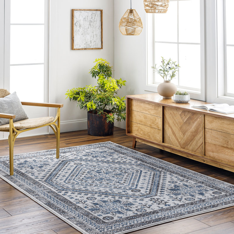 Rectangle Gibraltar Oriental Machine Woven Polypropylene/Polyester Area Rug in Light Gray/Blue, Rectangle 7'10" x 10'