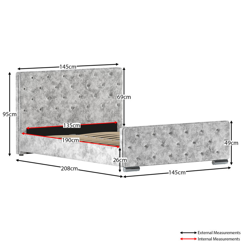 Kali Upholstered Bed, Crushed Velvet Silver, Double (4'6)	