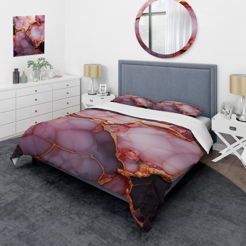 Ensemble de housse de couette en marbre doré et rose Essence I, Housse de couette pour très grand lit et 2 très 