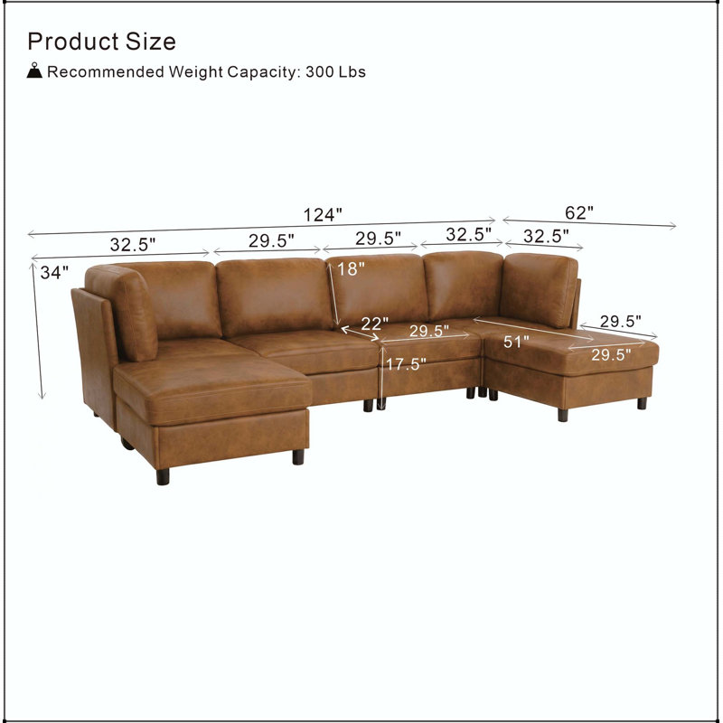Canapé d'angle moderne avec repose-pieds convertible et pieds en plastique, L 124 po, Similicuir brun clair