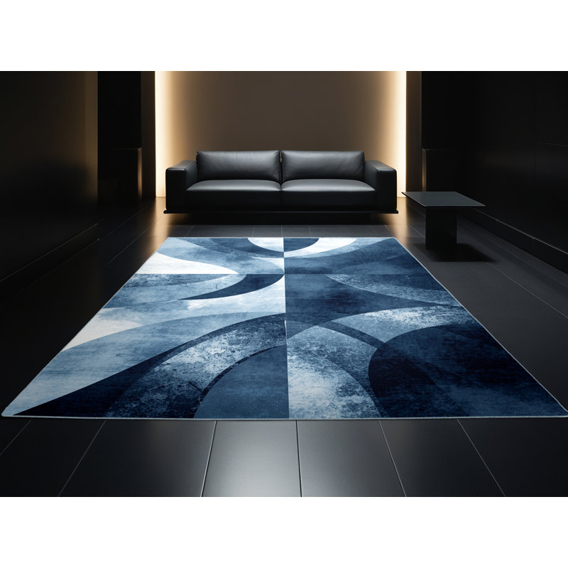 Machine Washable Palvinder Bold & Eclectic Modern Arc Rug in Blue – SkyBlue Binding, 4 x 6