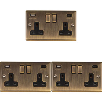 3 PACK 2 Gang Double UK Plug Socket & Dual 3.1A USB-C ANTIQUE BRASS 13A Switched