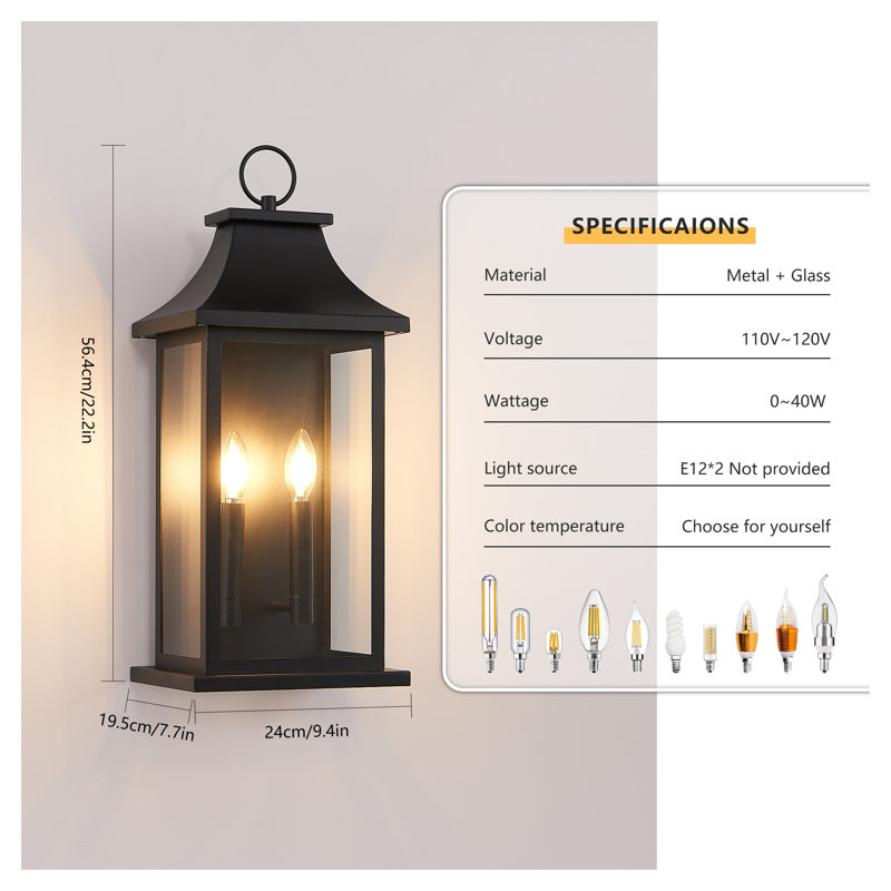 Grande lanterne murale extérieure 22 po, applique extérieure noire moderne avec panneaux de verre, luminaire imperméable à 2 lumières pour le porche et le vestibule