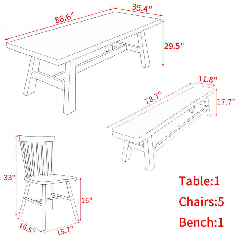 Ensemble de table de salle à manger Jaleia, H 29,5 po x L 86,6 po x l 35,4 po, 7