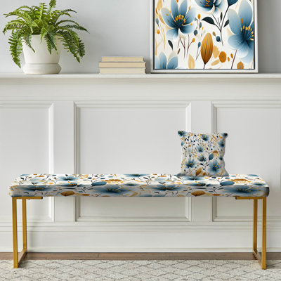 Motif floral bleu et beige Meadow - Banc rembourré floral doré
