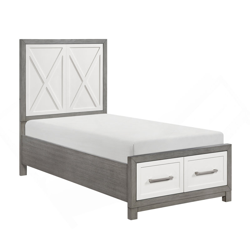 Contemporary Twin Size Platform Bed With Footboard Storage Ivory And Gray Finish Bedroom Furniture 1Pc