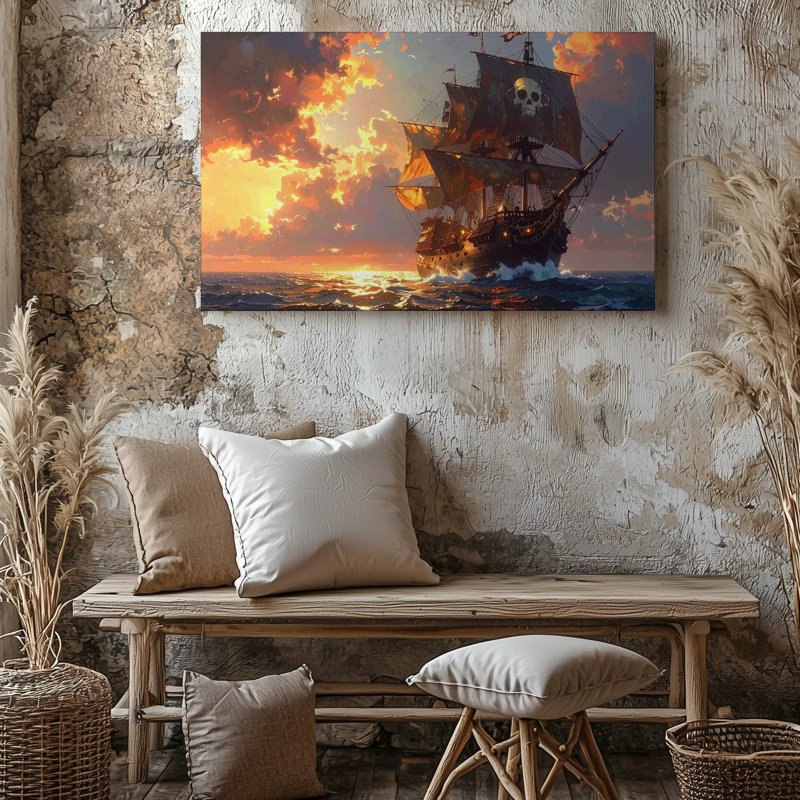 Toile sur toile, bateau pirate au coucher du soleil, H 16 po x l 20 po