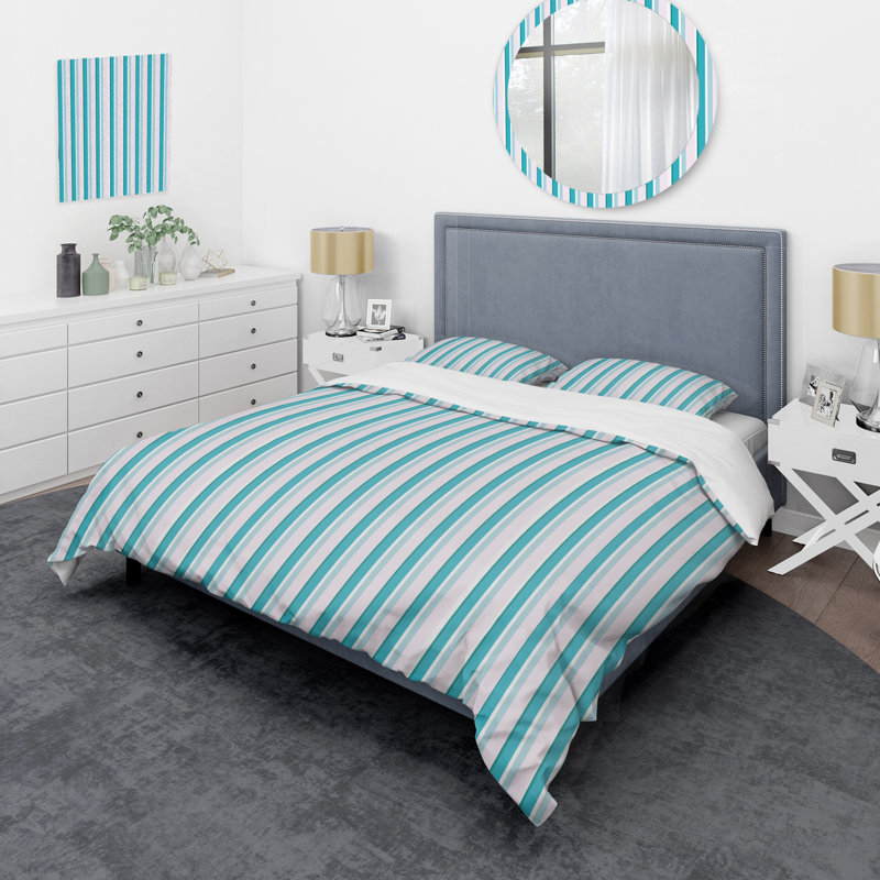 Turquoise Striped Pattern Polyester Striped Duvet Cover, Twin Duvet Cover + 1 Standard Sham