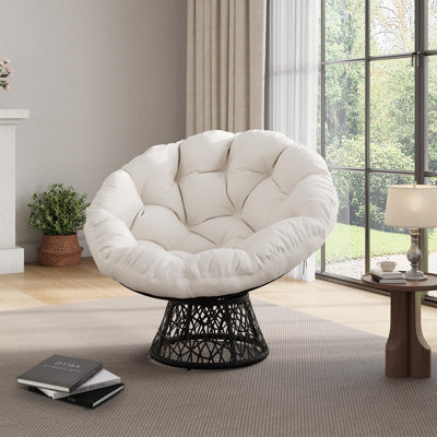 Papasan Chair, 37" Ergonomic Wicker Papasan Chair with Extra-Thick Soft Fabric Cushion, Heavy-Duty Steel Frame, 360° Swivel Base for Living Room, Bedroom & Reading Nook, White - Black Stand
