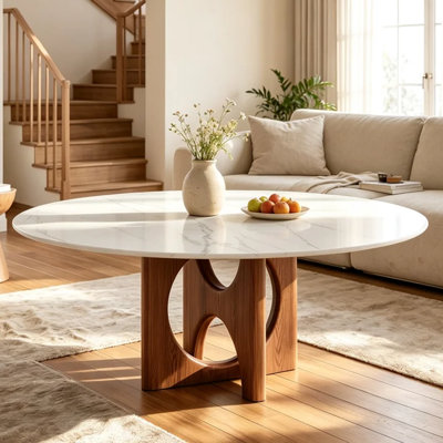 Arbor 35" Wabi-Sabi Modern Round Coffee Table with Hollow Arch Solid Wood Base for Apartment & Living Room