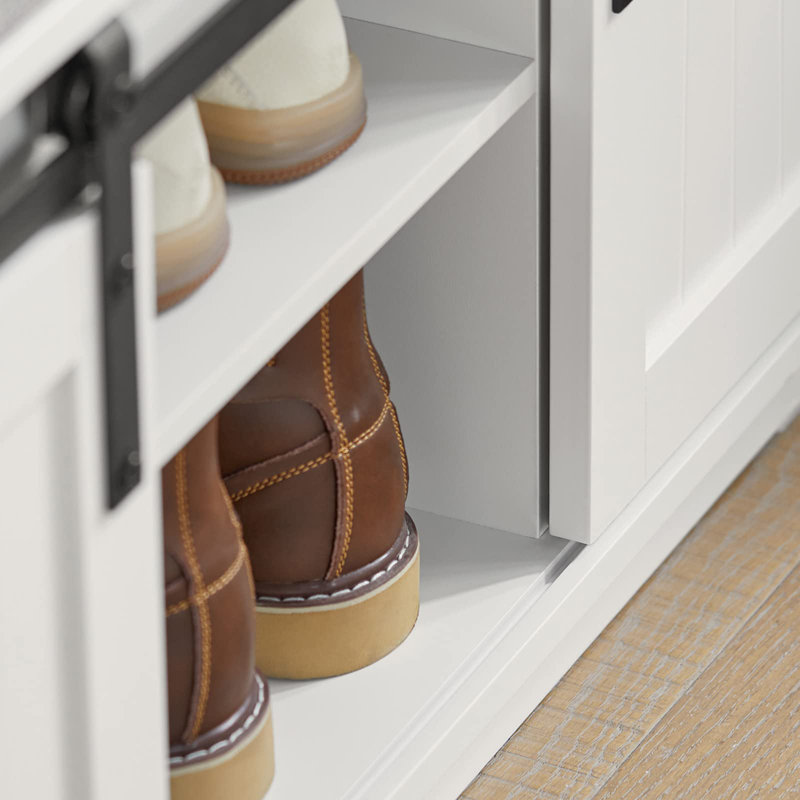 White Rustic Style Storage Bench with Sliding Barn Doors and Padded Seat Cushion