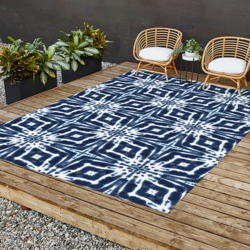 Tapis d'extérieur rectangulaire tissé à plat en polyester / chenille bleu floral, Rectangle 8 pi x 12 pi