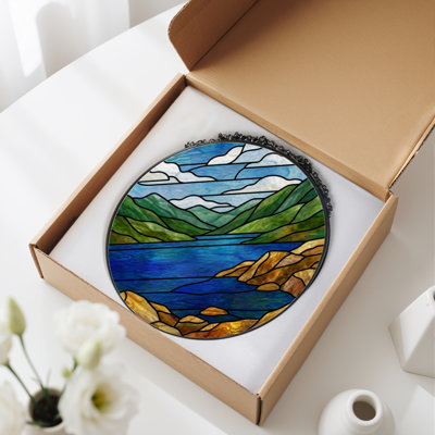 12"H Mountain Lake Stained Glass Window Panel