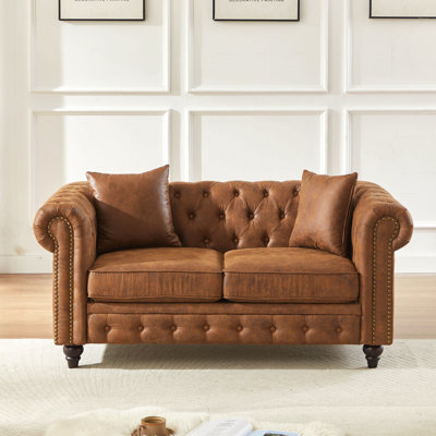 Canapé Chesterfield de 63,5 po de style contemporain, canapé modulaire en tissu Tech, boutons capitonnés avec accoudoirs cloutés avec 2 coussins, revêtement rembourré et pieds en bois