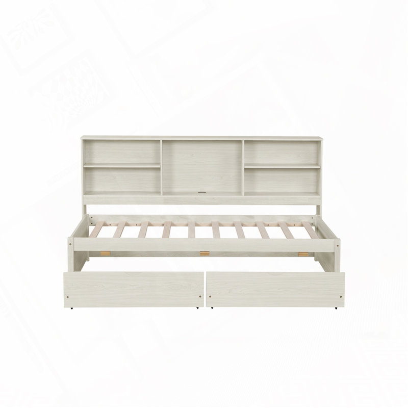 Bed Frame With Side Bookshelves, Two Drawers, And Built-in USB Port, Twin, White