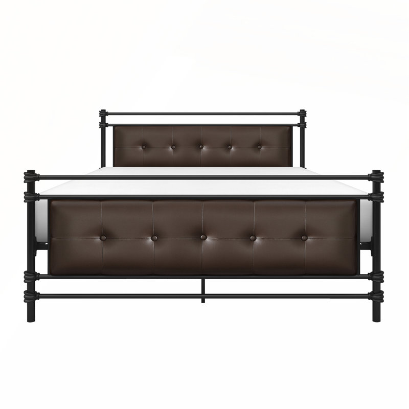 Lit plateforme double avec tête et pied de lit en similicuir capitonné, structure en métal noir pour les chambres modernes