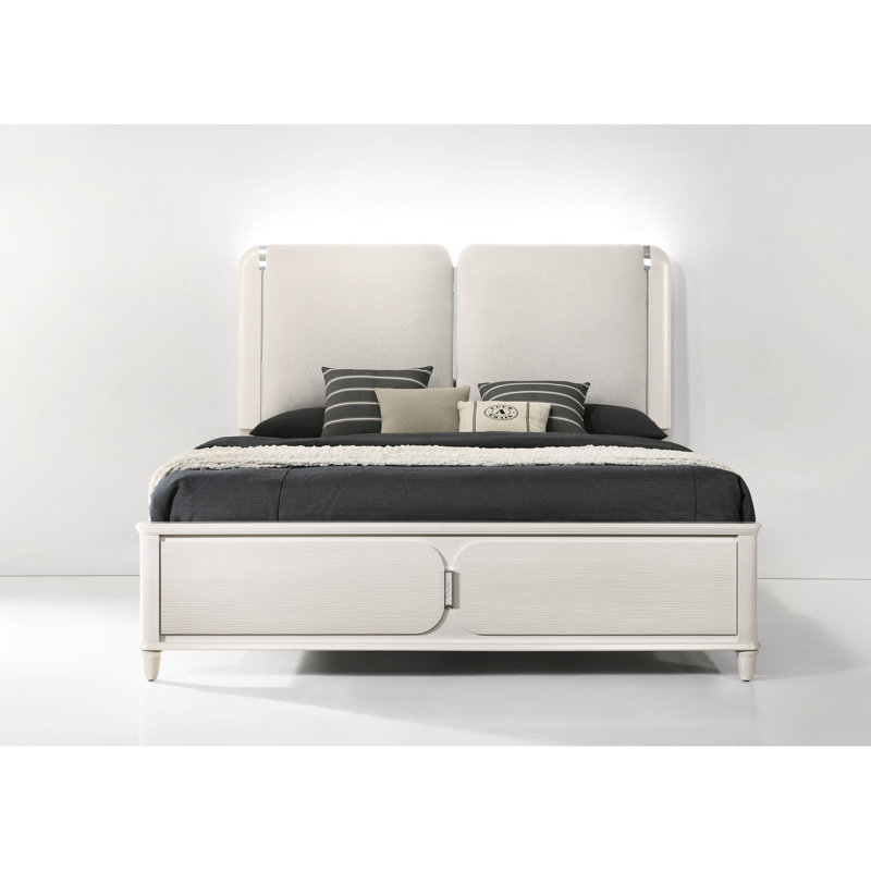 Lit oriental moderne gris et blanc perle avec tête de lit luxueuse et stable, fabrication stable, sommier tapissier requis et éclairage blanc, rembourrage de tête de lit luxueux, cadre