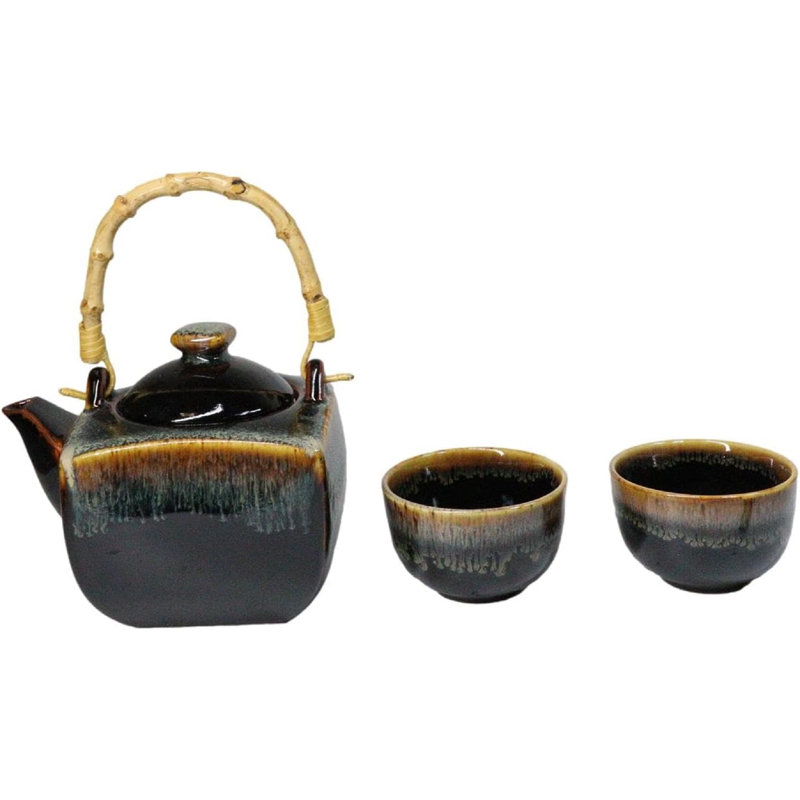 Artistic Black & Brown Waterfall Reactive Glaze 32Oz Teapot With 2 Tea Cups Set