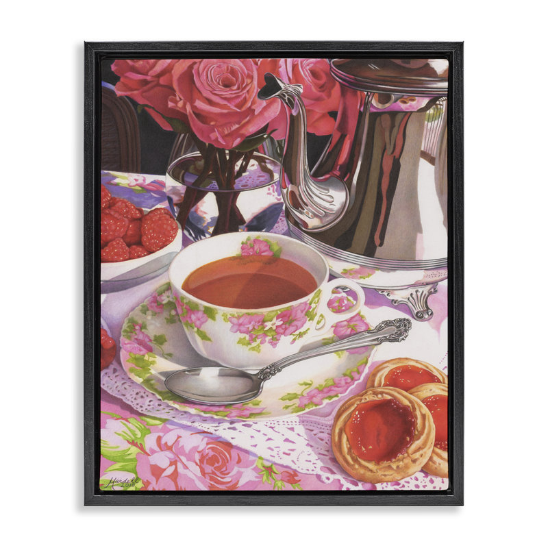 «Tea & Strawberry Cookies», art mural encadré par Mardell Schuster, Cadre flottant noir de jais, H 21 po x l 17 po