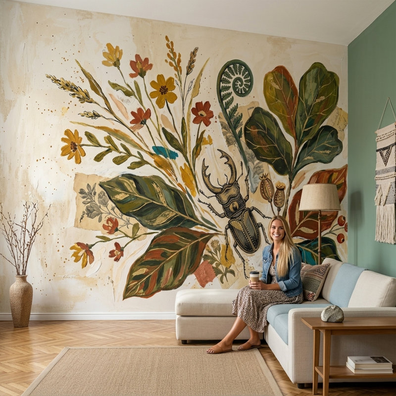 Décoration murale Botanical Collage Stag Beetle, Non tissé, 140 po x 108 po