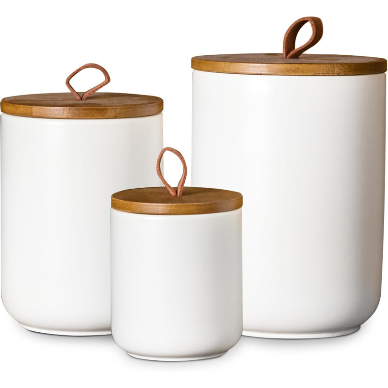Ensemble de 3 pots en céramique blanche avec couvercle en bois
