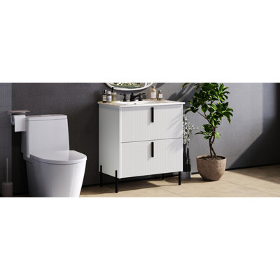 Meuble-lavabo de 30 po avec lavabo en céramique, conception cannelée rehaussant le style, tiroirs à fermeture en douceur, fonction d'extension, poignée de doigt de 5,8 po, pied de 8,27 po, blanc, décor peu encombrant