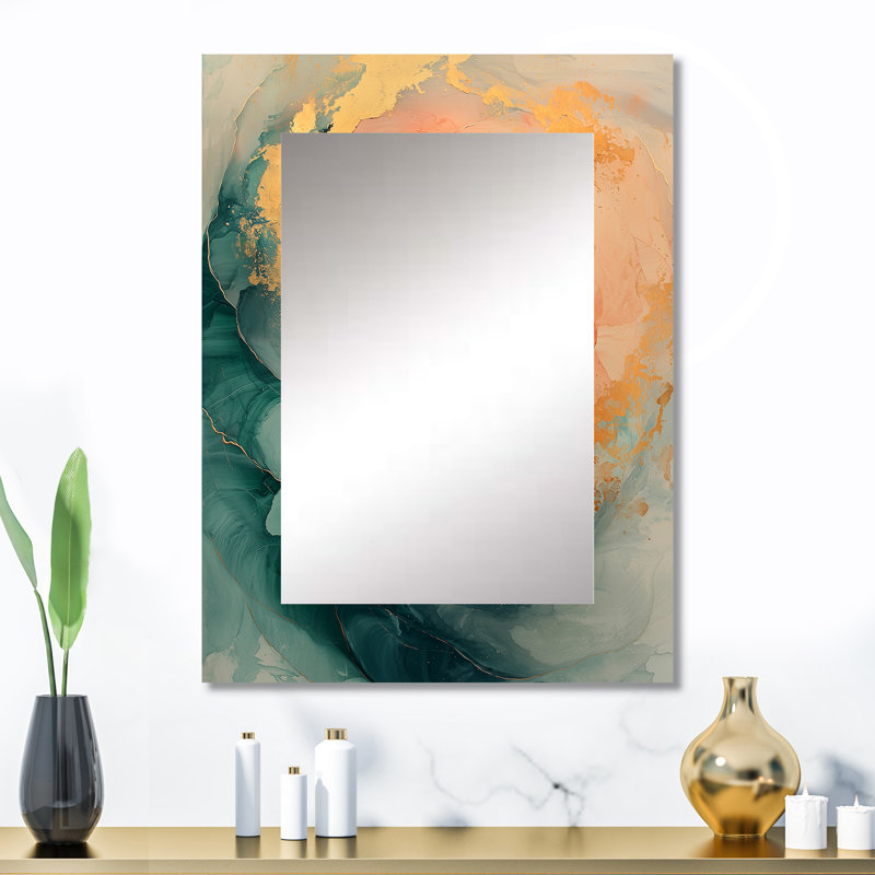 Emerald And Peach Ink Spiral I - Abstract Spirals Unique Wall Mirror, Gold Mirror, Printed Metal Art, 32" x 24"